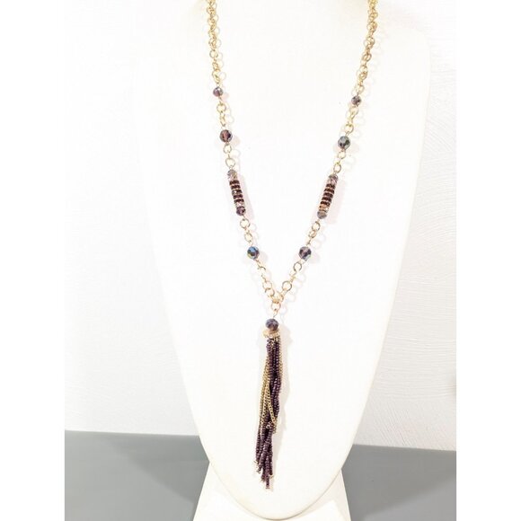 Cato PUrple Glass Bead Gold Tone Tassel Long Necklace 32 in - Picture 1 of 9